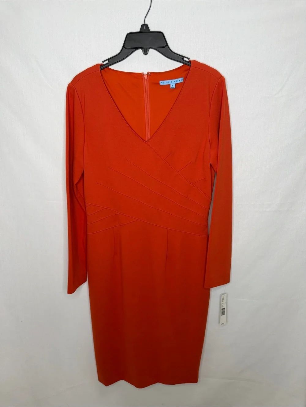 ANTONIO MELANI Orange V-Neck Long Sleeve Sheath Dress
